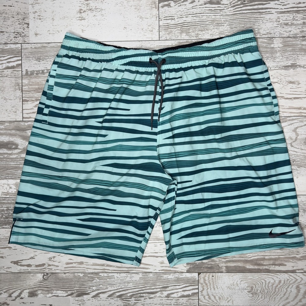 Nike Swim Shorts Mens 2XL Blue Stripe Lined Drawstring‎ Quick Dry Stretch Trunks